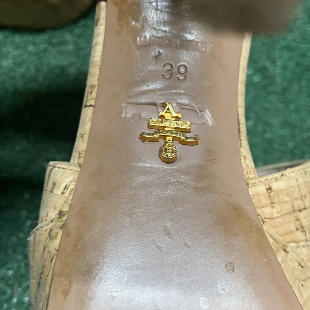Prada Natural Cork Platform Sandals with Gold Buckles